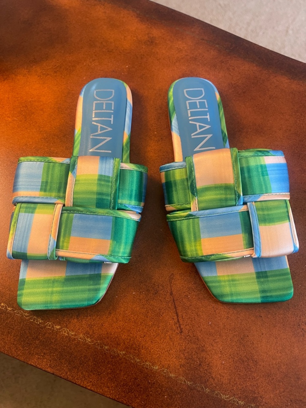Deltan Women's Multicolor Plaid Slide Sandals - Green/Blue